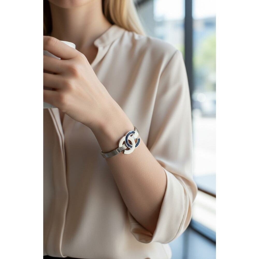 Chanel Silver-tone Interlocking CC Enamel Cuff Bracelet - Picture 3 of 4